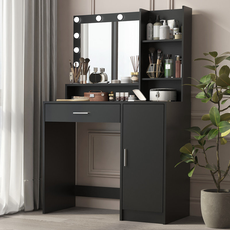 Grand meuble-lavabo avec lumières DEL et rangement à plusieurs niveaux, Noir