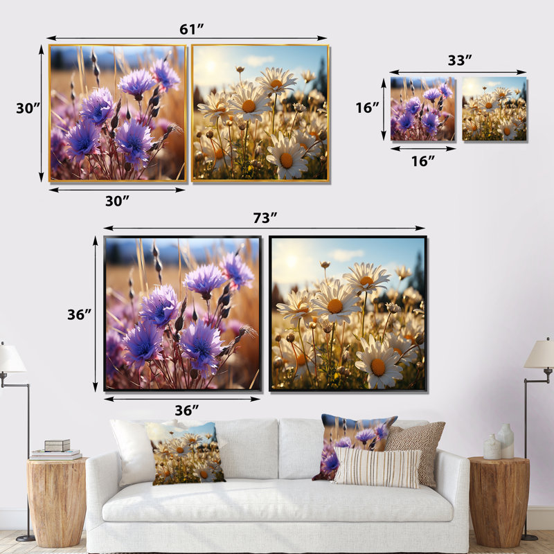 Zareen - Ensemble de 2 collages floraux carrés, Cadre flottant noir, H 16 po x l 33 po