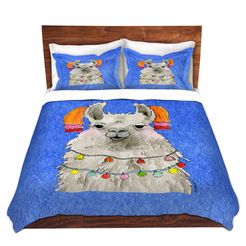Ensemble de housse de couette des pompons llama light, 1 housse de couette grand + 2 taies standards, Rouge / rose / gris