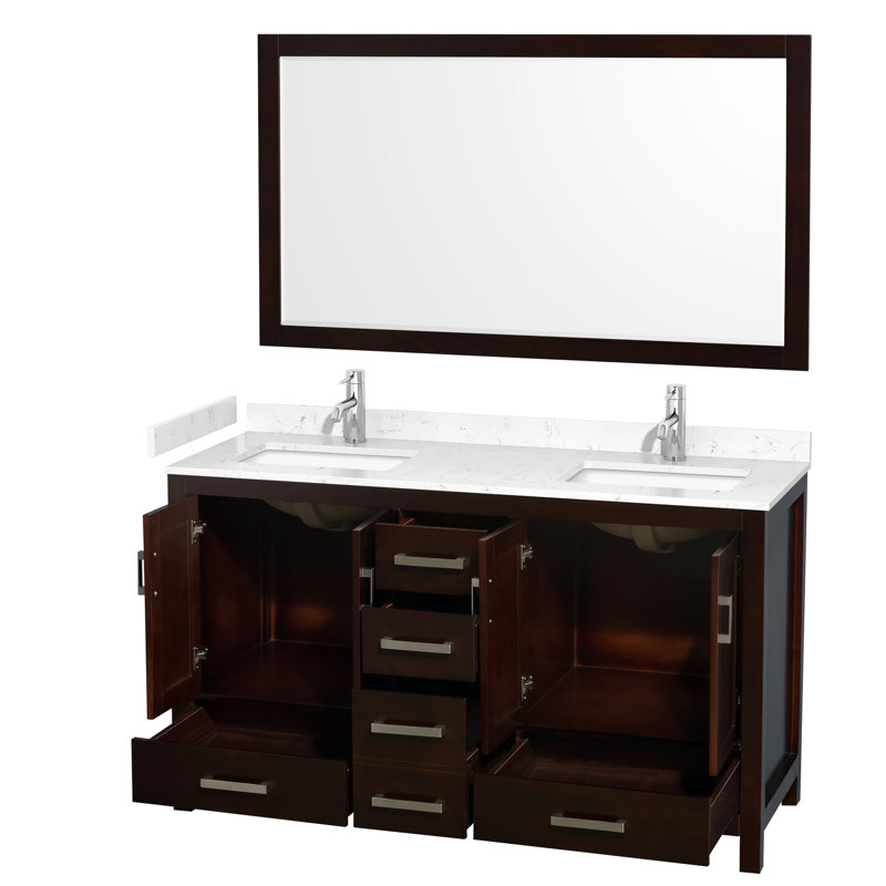 Sheffield 60" Freestanding Double Bathroom Vanity with Cultured Marble Top with 58" Mirror, Carrara Cultured Marble, Espresso