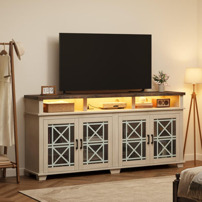 Farmhouse TV Stand For 80 Inch, Mid Century Modern Entertainment Center With LED Lights And Storage, Wooden Media Console Cabinet Furniture With Glass -  Winston Porter, 2A19537375F3431E849F3557A4ACA33E