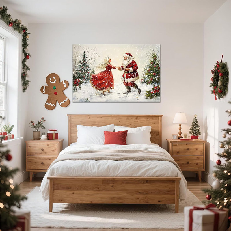Christmas Canvas Wall Art, Santa and Mrs. Claus Dancing in the Snow Wall Art, Winter Snow Scene Christmas Theme Poster Print Artwork for Living Room & Bedroom Home Decor