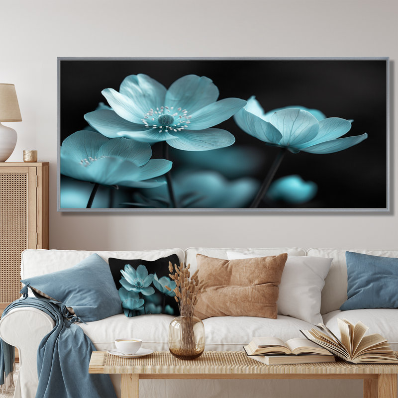 Décoration murale bleu et noir au clair de lune - Bouton d'or, Black Floater Framed, 28" H x 60" W