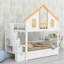 Lit superposé pour enfants avec toit de maison, fenêtre, porte, escalier et tiroirs de rangement