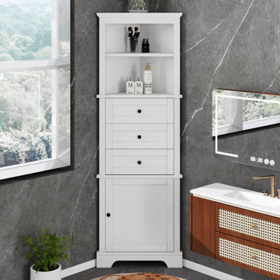 Triangle Tall Bathroom Storage Cabinet, Corner Storage Cabinet With 3 Drawers, 1 Cabinet & Adjustable Shelves