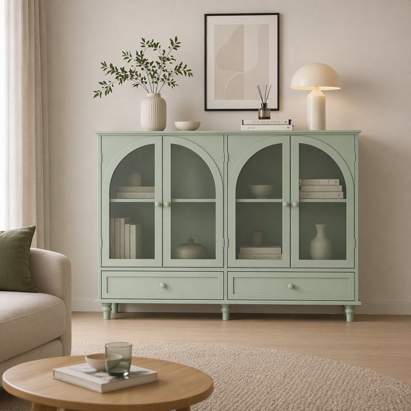 Buffet en verre arqué, 2 tiroirs et 4 portes en verre, armoire de présentation avec tablettes réglables, Vert
