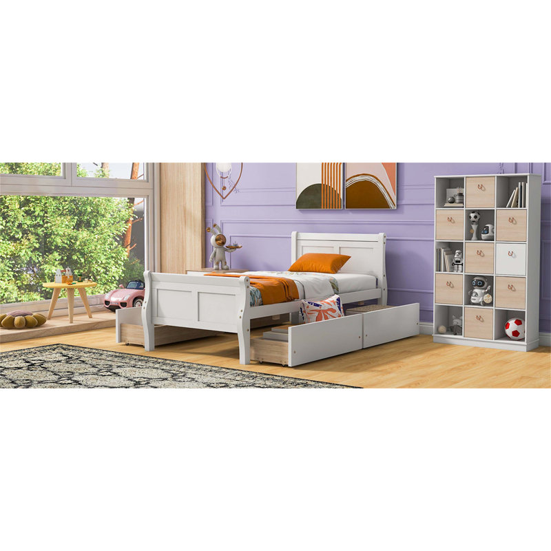 Lit plateforme en bois avec quatre tiroirs pratiques, tête et pied de lit profilés pour une organisation et un style de chambre à coucher améliorés