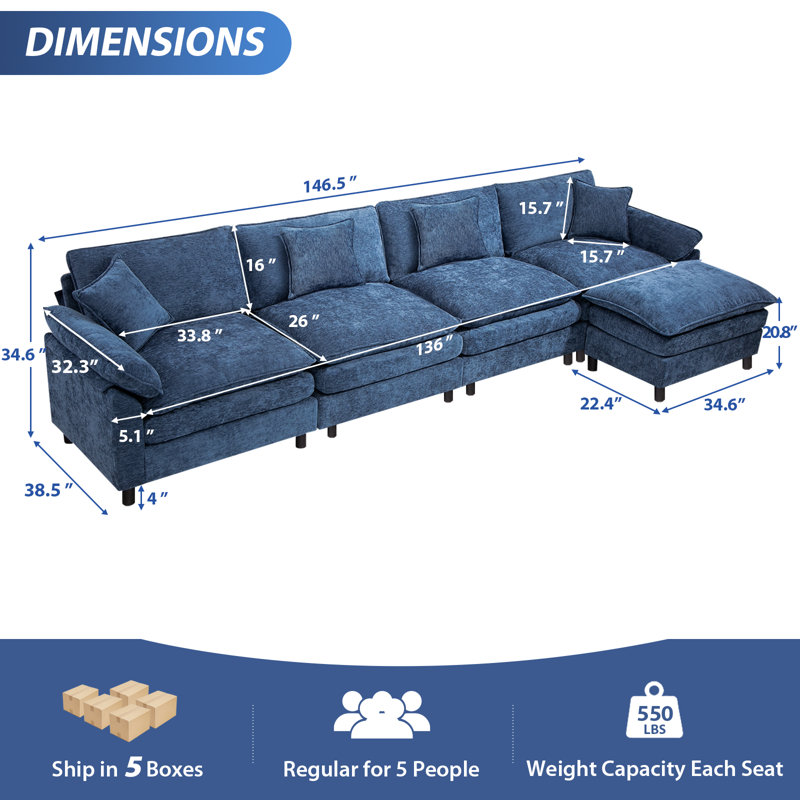 Canapé modulaire rembourré en L avec repose-pieds, Chenille bleu, H 34,6 po x l 146,5 po x P 57,8 po