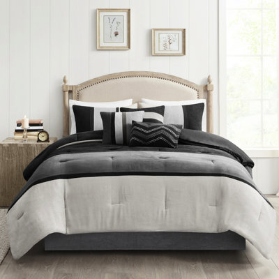 Literie en très grand suède noir - 7 pièces, lavable à la machine, édredon noir de style contemporain, comprenant un édredon, des taies décoratives, des coussins décoratifs et une jupe de lit