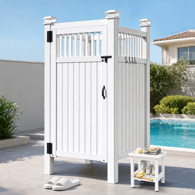 45.7" x 45.7" x 80.7" Heavy-Duty PVC Outdoor Shower Enclosure with Solar Cap Lights - Waterproof Single Bathing & Changing Cabana, Lockable Privacy Fence Stall with Storage Shelf, Towel Hooks, Anchor Posts for Poolside, Beach, Backyard