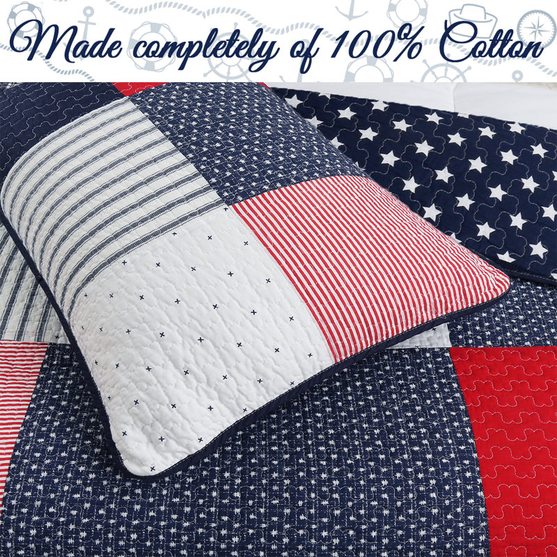 Patriotic Patchwork Red White and Blue Cotton Twin Quilt Set