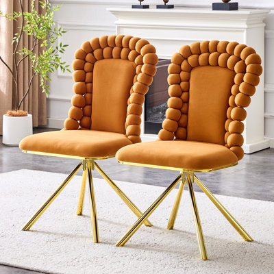 Ensemble de 2 chaises de salle à manger, chaises d'appoint en velours pour le salon, fauteuil de coiffeuse avec pieds en métal doré, chaises de salle à manger rembourrées, pivotant à 360 ° pour la chambre à coucher, le salon, la salle à manger et la cuisine (orange)