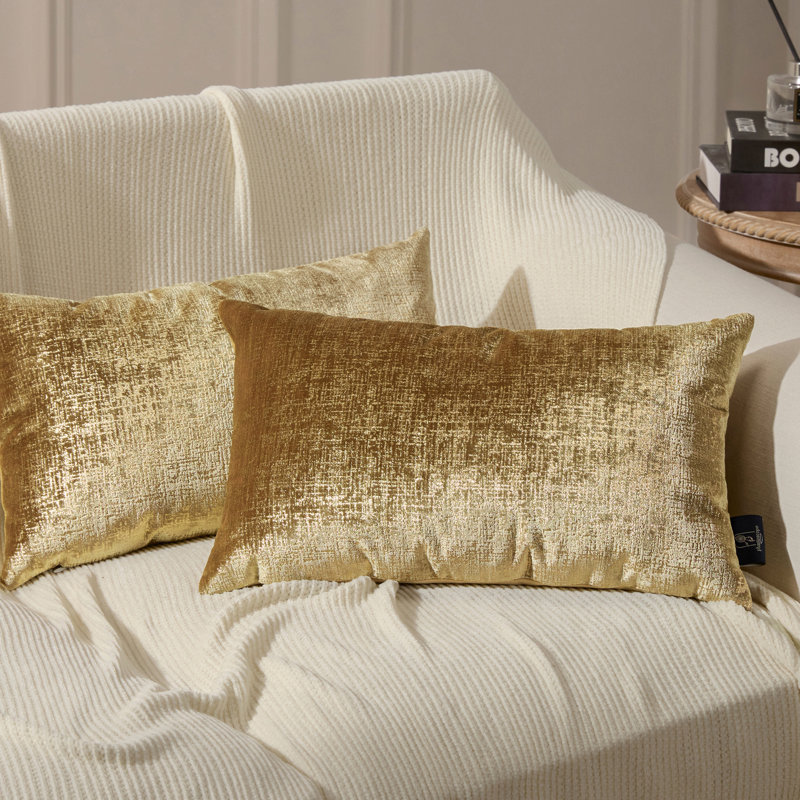 Gold Textured Velvet Throw Pillow Cover, Decorative Cushions for Sofa Bed, Gold, Rectangle 12"H x 20"W