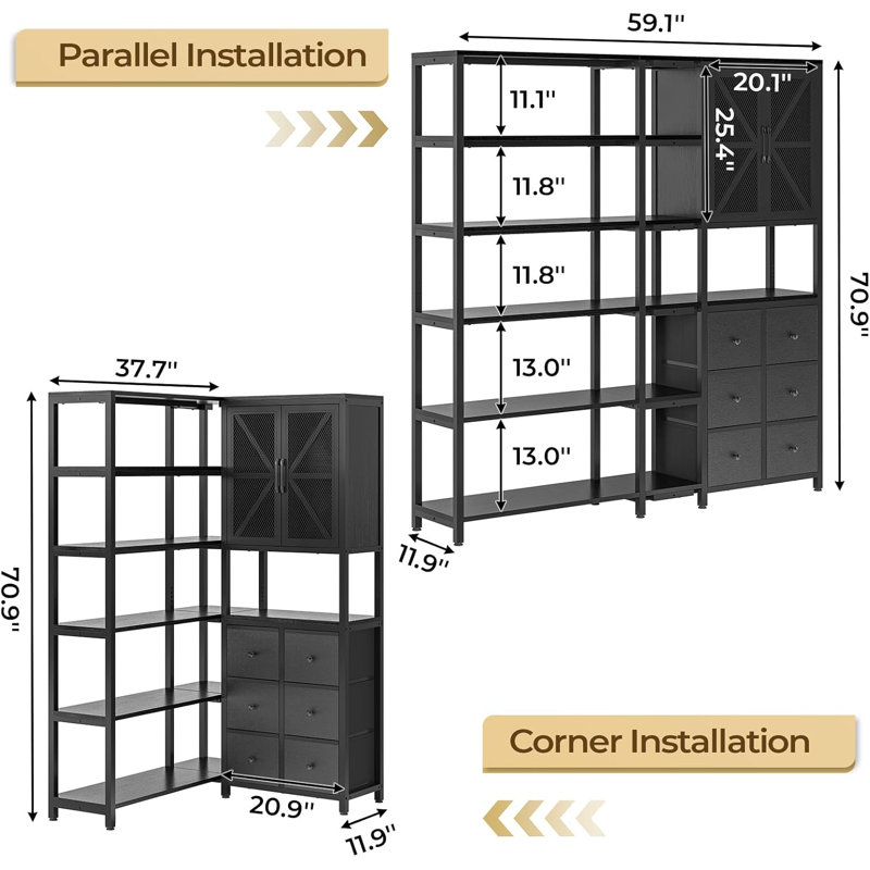 70.9H Bookcase 6 Tier, " Convertible Tall Bookshelf With 6 Fabric Drawers, Black