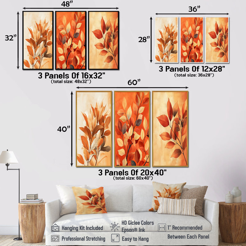 Terre cuite, feuilles, couches de la forêt I - ensemble de 3 décorations murales feuilles, Toile tendue, H 28 po x l 36 po
