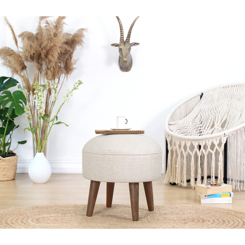 Bohemian Pouffe with Wooden Legs, Cream Color, 16.9 x 17.7 inches | 50% Cotton / 50% Velvet, 2.4-inch Orthopedic Sponge, 35 DNS | Ideal for Scandinavian Decor, Stylish & Comfortable Accent for Any Room