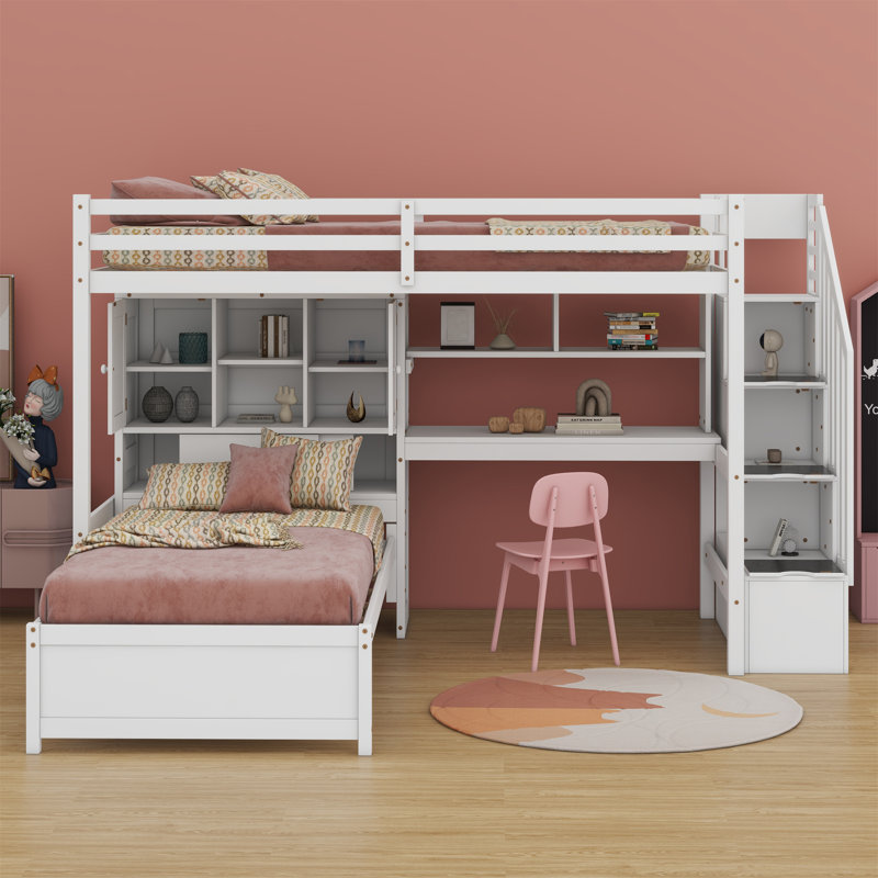 Lit mezzanine avec bureau intégré et escalier, avec compartiments de rangement et tablettes, Blanc