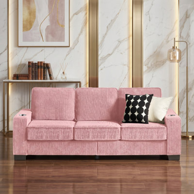 84.26" Wide Upholstered Corduroy Sofa with Built-In Cup Holders