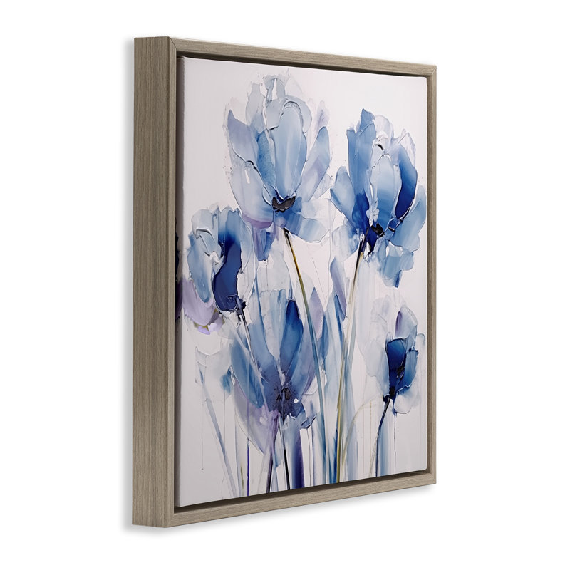 Toile abstraite abstraite encadrée par des tulipes bleues par Sasha, Cadre flottant orme Montalcino, H 18 po x l 18 po