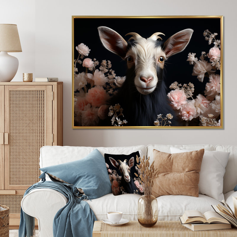 Portrait de chèvre blanc et rose - art mural animal de chèvre, Cadre flottant doré, H 24 po x l 32 po x P 1 po