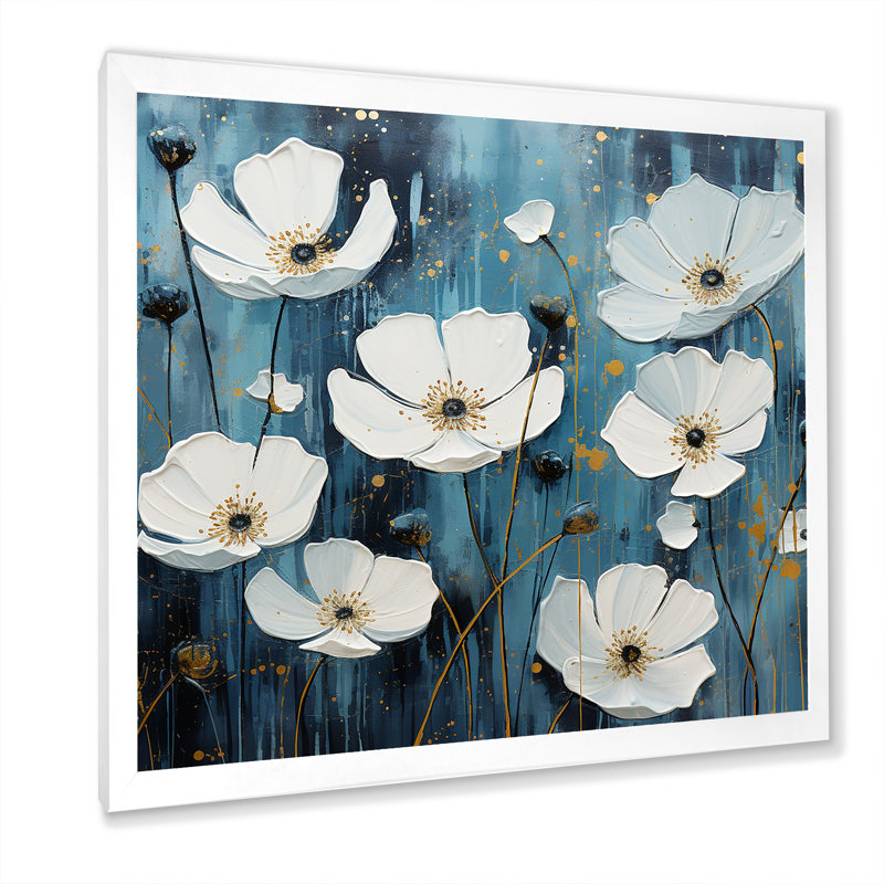 «White and Blue Buttercups Minimalisme II», reproduction sur toile, Cadre simple blanc, H 24 po x l 24 po x P 1 po