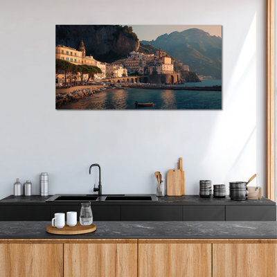 CXVU Amalfi Coast Canvas Wall Art, Italian Seaside Landscape Painting, Italy Wall Art, Blue Coastal Evening Picture Serene European Village Print for Living Room Bedroom 12x24"