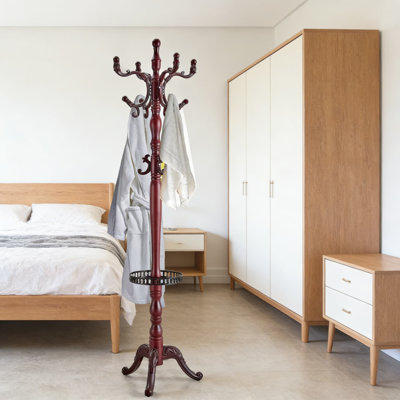 Freestanding Wood Coat Rack With 14 Hooks And Storage Tray, Sturdy Tree Stand For Entryway, Hallway, Bedroom, Hats, Bags, And Umbrellas