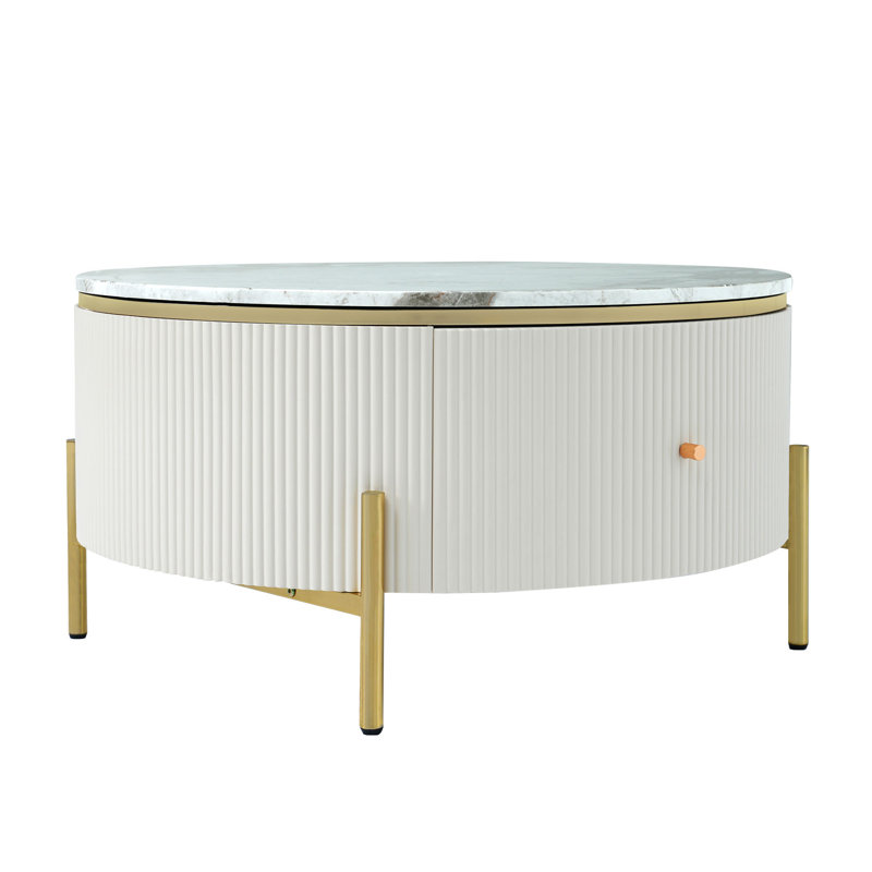 Table basse moderne avec 2 grands tiroirs de rangement Modern (table basse incluse, sans chaises), Blanc cassé