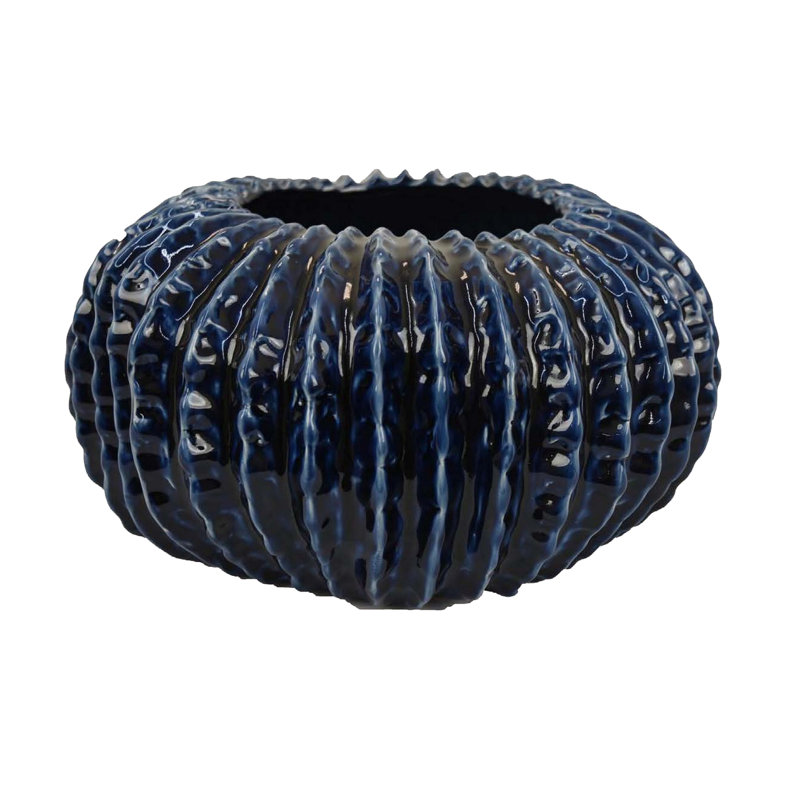 Harry Round Planter With Textured Design, Glossy White Ceramic 13 Inch, Blue