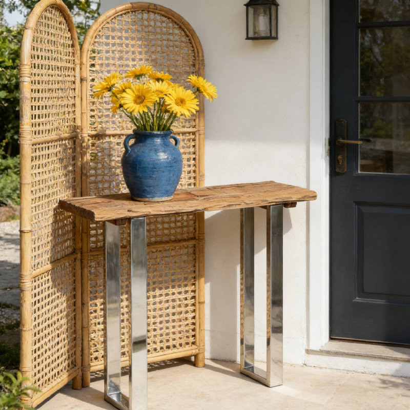 Console moderne, plateau en bois avec pieds en métal