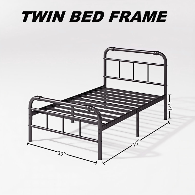 Structure de lit simple de 14 pouces avec tête et pied de lit de style victorien, lit plateforme avec lattes en métal, aucun sommier requis, rangement sous le lit, assemblage facile, noir