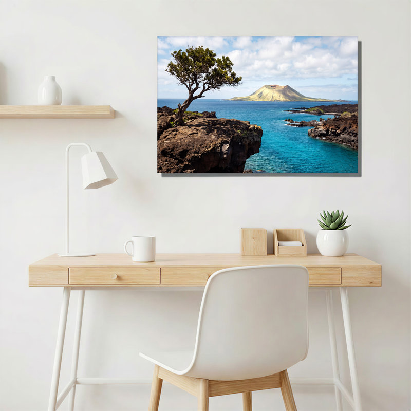 «Tree on Rocky Cliff Over Volcanic Island and Blue Ocean», art mural, 20"H x 30"W