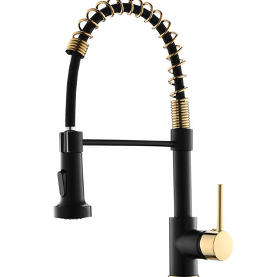 Robinet de cuisine avec poignée rétractable, poignée simple, design contemporain noir et or, robinet à col rond pivotant à 360 degrés, finition mate facile à nettoyer