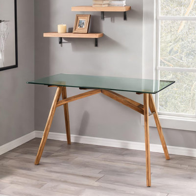 Bureau d'ordinateur avec plateau en verre trempé et base en bois massif au fini naturel chaud, L 51,2 po x l 27,6 po, table de bureau rectangulaire moderne