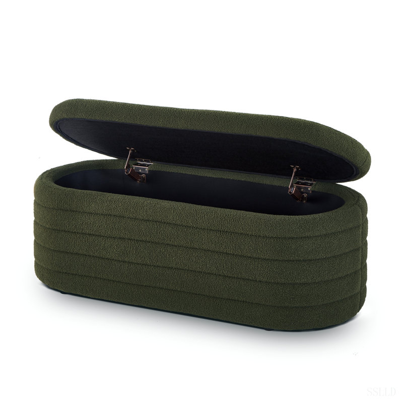 Banc de rangement moderne avec repose-pieds ovale, banc rembourré avec rangement en tissu Teddy Boucle Teddy, Vert foncé