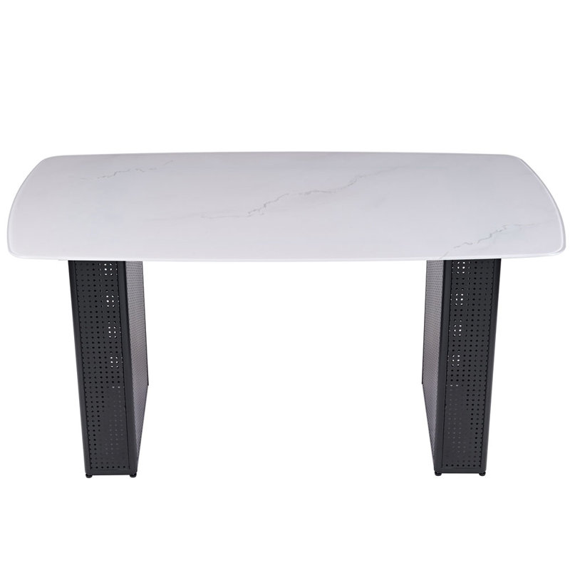 Table de salle à manger rectangulaire moderne en verre trempé à motif marbré avec base en métal à double piédestal, idéale pour la salle à manger et le bureau personnel