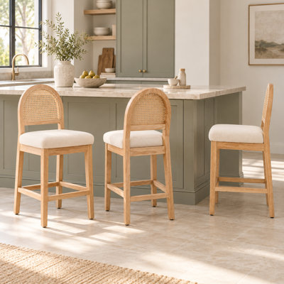Upholstered Wood Bar Stools with Arched Woven Backs and Footrests