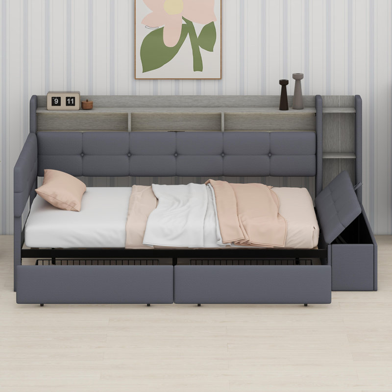 Multifunctional Upholstered Daybed with Shelves and USB Ports, Grey
