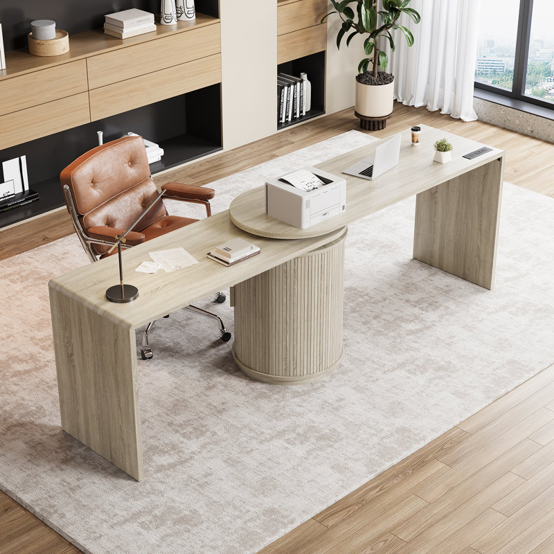 Bureau de direction rotatif en L 60 po à 360 ° avec armoire, bureau d'ordinateur en bois cannelé avec rangement caché et prise de courant