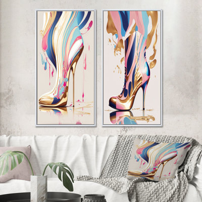 " Pink And Blue Art Deco High Heel Boots I " 2 - Pieces