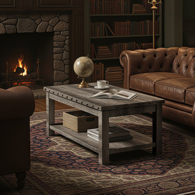 47"  Rivets Coffee Table With Open Storage Shelf and  Distressed Wood Texture