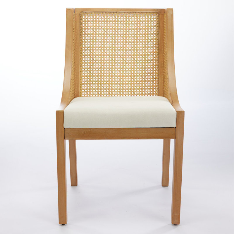 Chaises de salle à manger en rotin, structure en bois massif avec accoudoirs décoratifs, siège rembourré en lin, chaises d'appoint de style rustique en bois pour la cuisine, la salle à manger, le salon, finition naturelle, beige, paquet simple