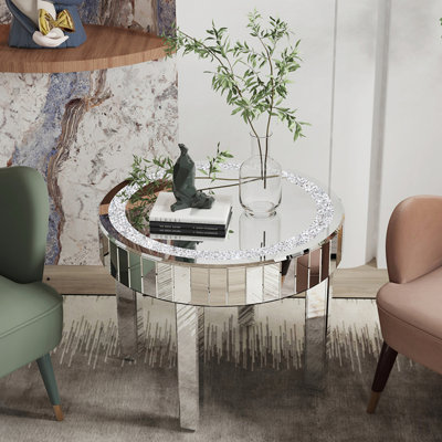 60cm Round Mirrored Coffee Table Glitz Sparkle Diamond Sofa Side Table with Crushed Crystal Inlay