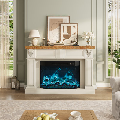 Meuble télé de style ferme avec foyer électrique intégré de 142 cm (56 po) pour téléviseurs jusqu'à 165 cm (65 po), console multimédia classique avec foyer électrique encastré de 76 cm (30 po), 2 tiroirs, couleurs de flamme réglables et chauffage intégré