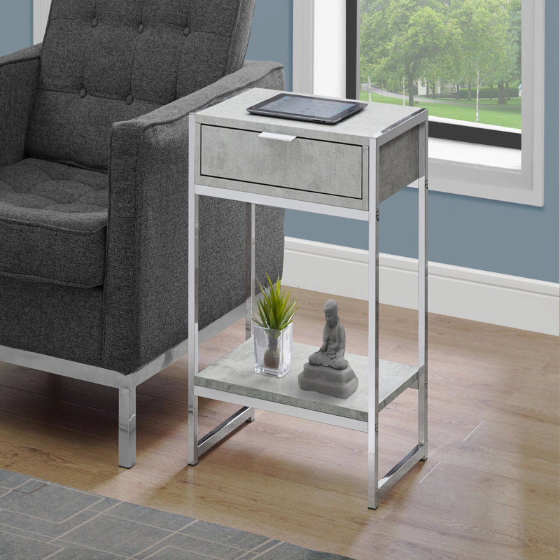 Table d'appoint, côté, bout, table de chevet, lampe, tiroir de rangement, stratifié, métal chromé, contemporain, moderne