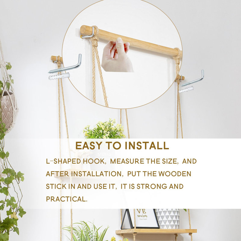 Macrame Plant Wall Shelf - Handmade Boho Floating Rope Shelf