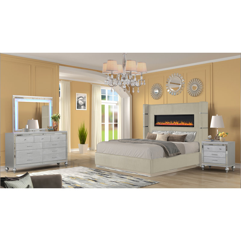 Ensemble de chambre avec grand lit en tissu d'ameublement en bois beige Lizzelle