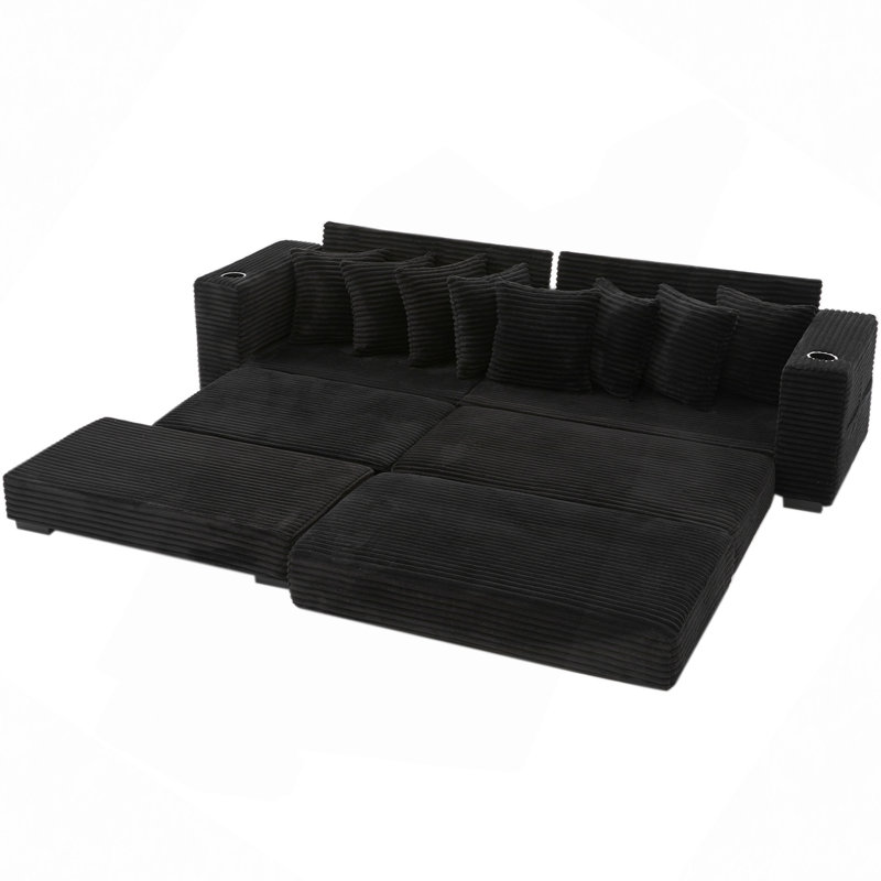 110.75" Modular L Shaped Sofa, Corduroy Fabric Sectional Couch,With A Movable Footstool, Cup Holders,Bring 8 Throw Pillows,Side Pocket,Unfold Into A Bed