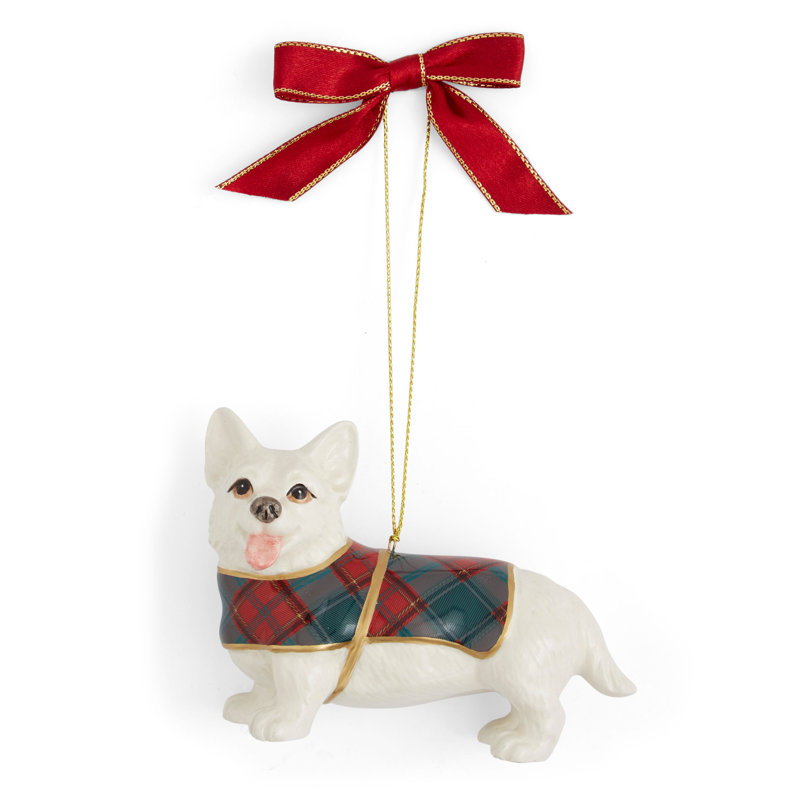 Festive Tartan Plaid Corgi Porcelain Christmas Ornament