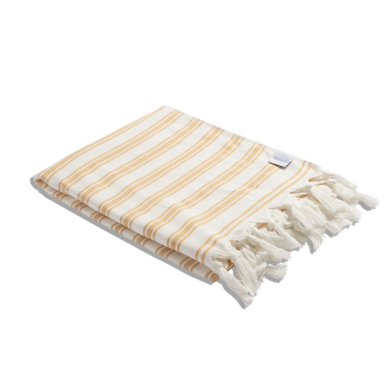 Chanyah Bask Turkish Bath Towel with Terry Cloth Lining, Luxe Striped Beach Fouta, 100% Organic Cotton , 68” x 37”, Yellow